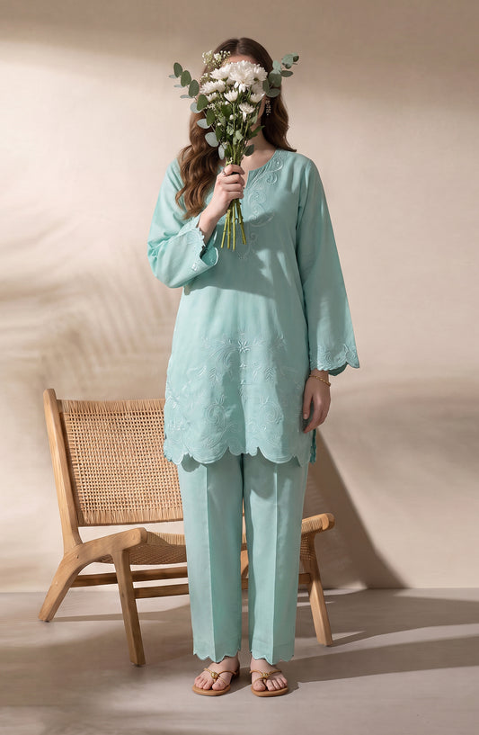 Mulaqaat by Amna Khadija Embroidered Cotton Cambric Stitched 2 Piece Co-ord Set - AKMEC-01 - AM26MULQ - Blue - Summer Collection