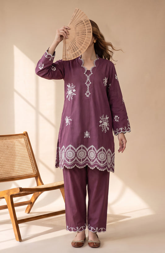 Mulaqaat by Amna Khadija Embroidered Cotton Cambric Stitched 2 Piece Co-ord Set - AKMEC-04 - AM26MULQ - Maroon - Summer Collection