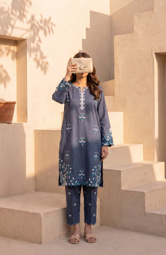 Mulaqaat by Amna Khadija Embroidered Cotton Cambric Stitched 2 Piece Co-ord Set - AKMEC-07 - AM26MULQ - Blue - Summer Collection