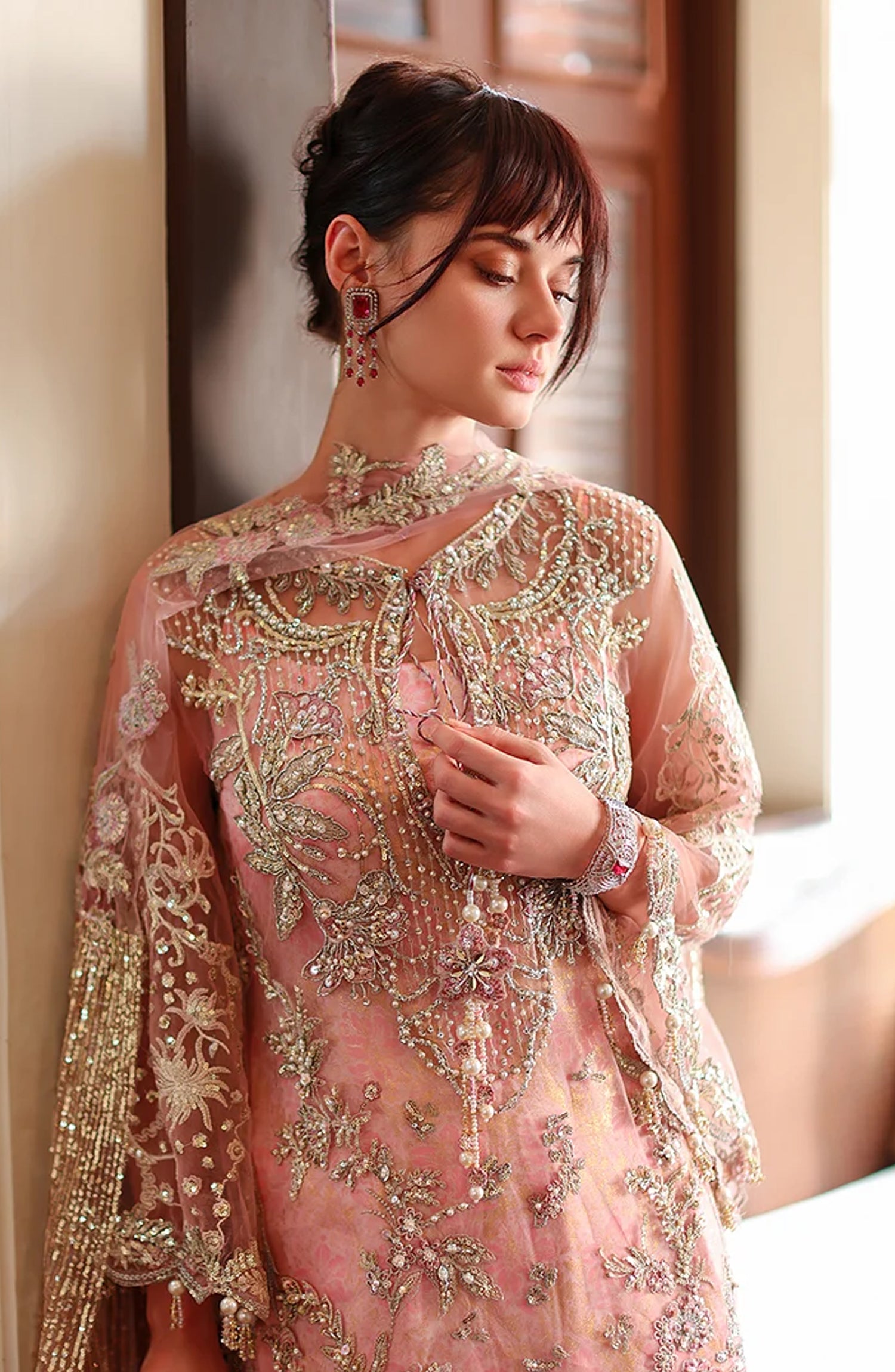 Mushq Stardust Embroidered Net Unstitched 3 Piece Suit - D4-Sacred Promise - MQ26SRD - Pink - Wedding Collection