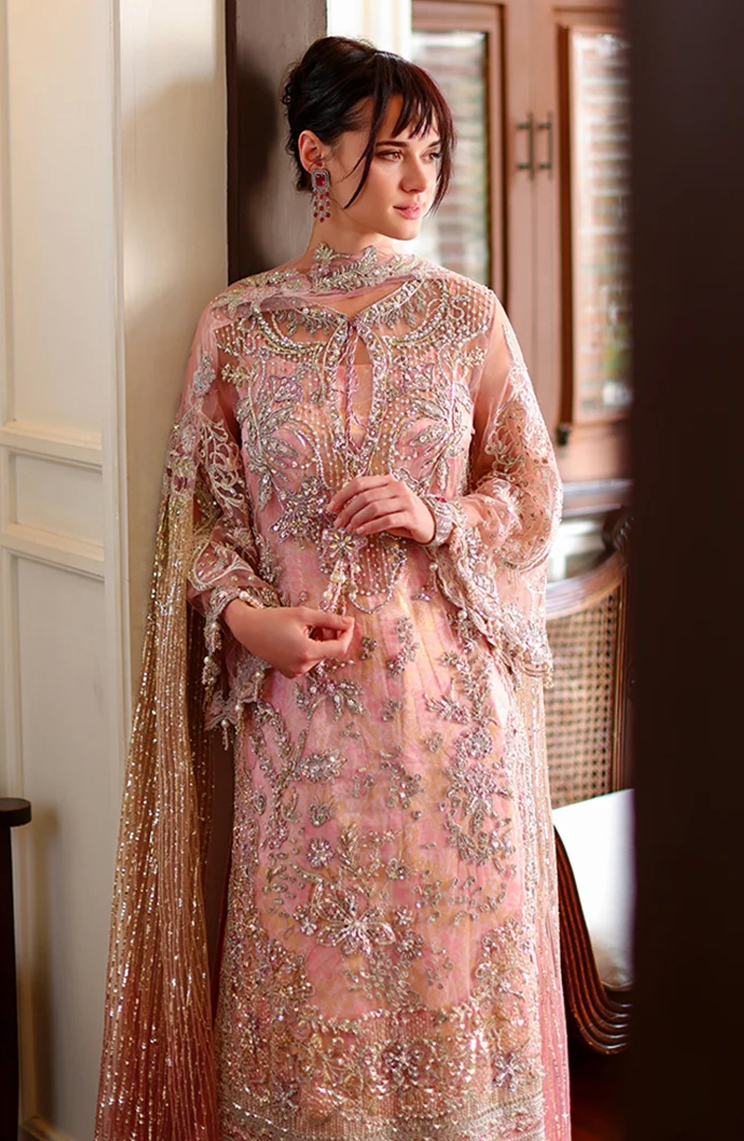 Mushq Stardust Embroidered Net Unstitched 3 Piece Suit - D4-Sacred Promise - MQ26SRD - Pink - Wedding Collection