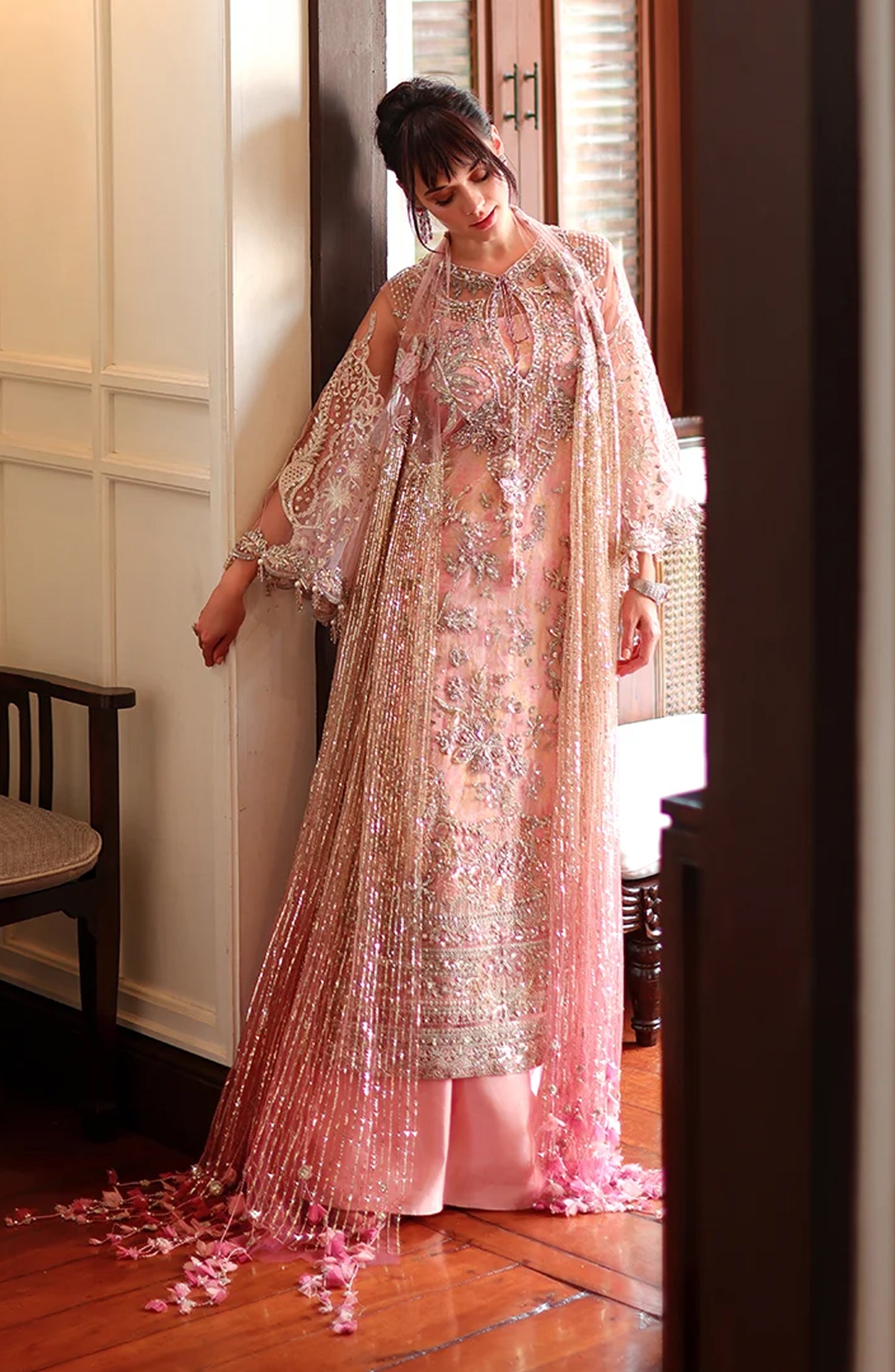 Mushq Stardust Embroidered Net Unstitched 3 Piece Suit - D4-Sacred Promise - MQ26SRD - Pink - Wedding Collection