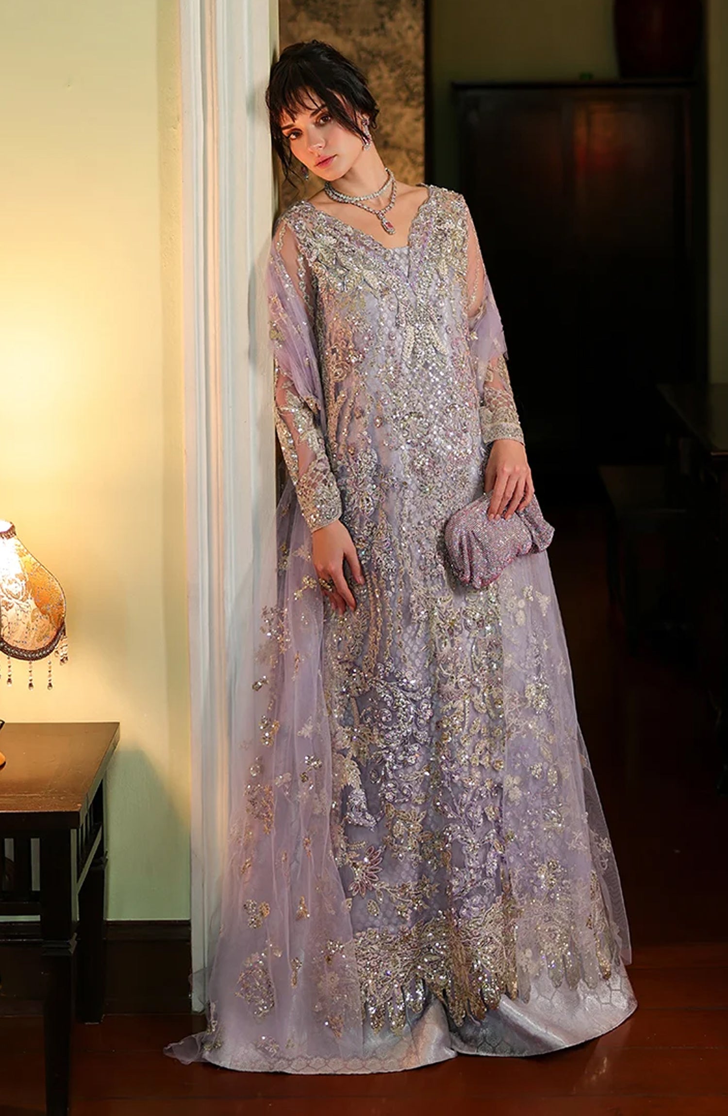 Mushq Stardust Embroidered Net Unstitched 3 Piece Suit - D5-First Forever - MQ26SRD - Lilac - Wedding Collection