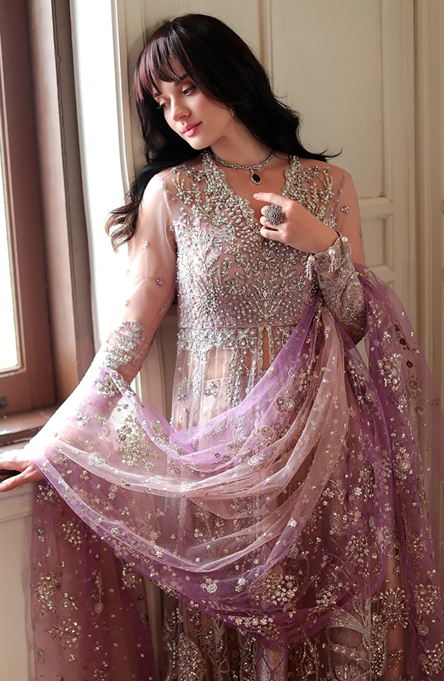 Mushq Stardust Embroidered Net Unstitched 3 Piece Suit - D7-Midnight Wish - MQ26SRD - Pink - Wedding Collection