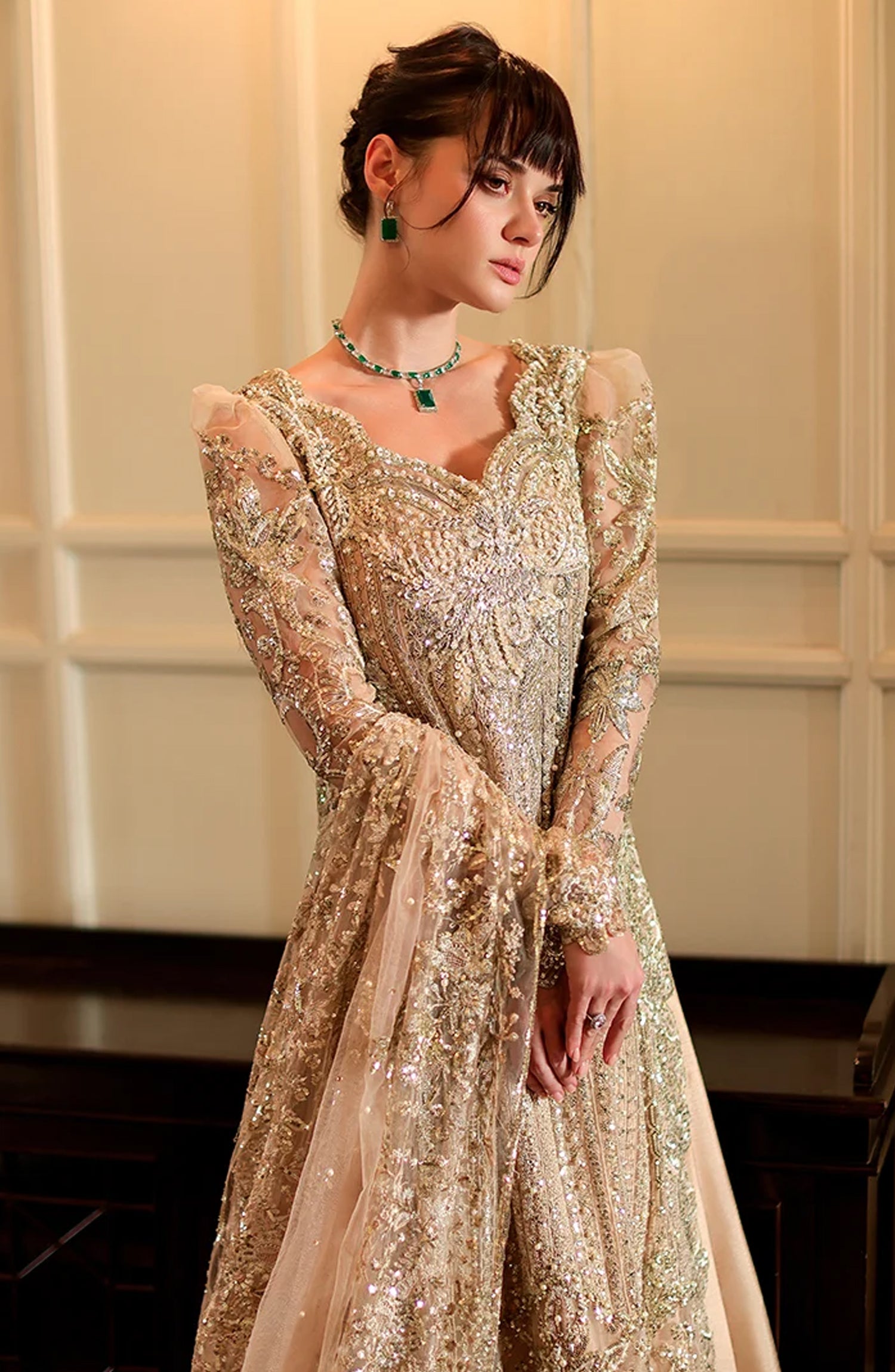 Mushq Stardust Embroidered Organza Unstitched 3 Piece Suit - D3-Eternal Glow - MQ26SRD - Beige - Wedding Collection