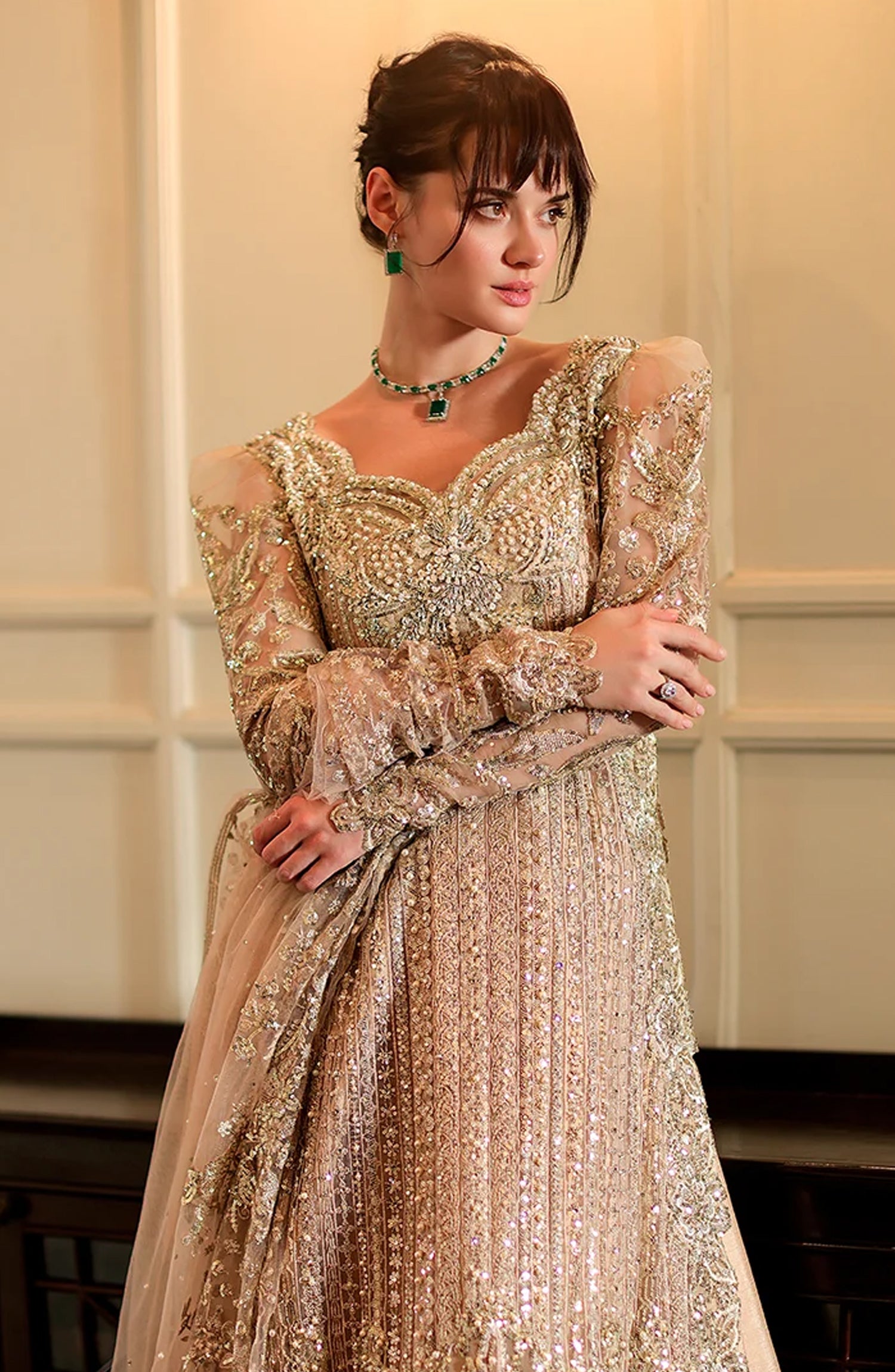 Mushq Stardust Embroidered Organza Unstitched 3 Piece Suit - D3-Eternal Glow - MQ26SRD - Beige - Wedding Collection