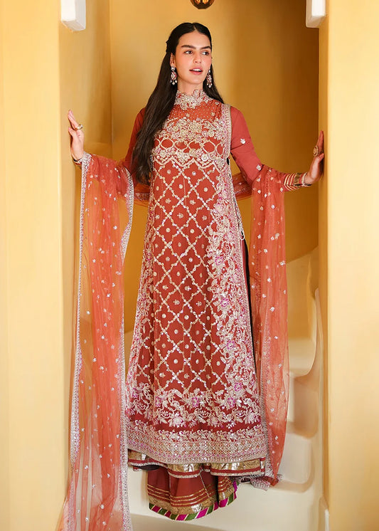 Mushq Bachelorette Chronicles Embroidered Chiffon Unstitched 3 Piece Suit - 08 Rose Romance - MQ26BC - Rust Orange - Luxury Collection