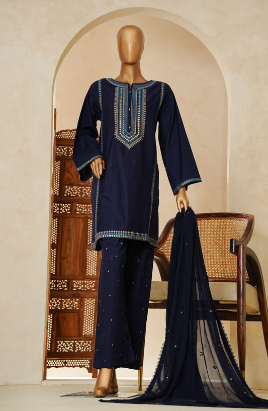 Nazakat Noir by Amna Khadija Embroidered Cotton Cambric Stitched 3 Piece Suit - AM25NZK - NNLP-03 - Dark Blue - Festive Collection