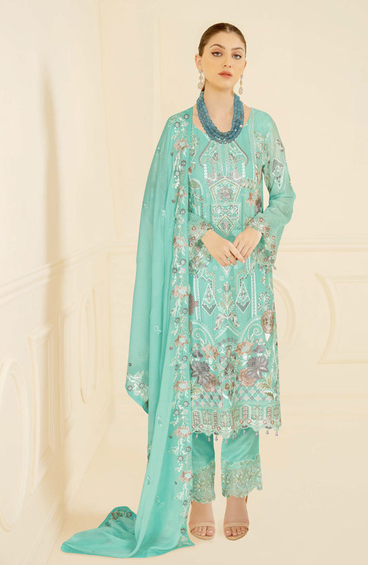 Nayab by Ramsha Luxury Embroidered Chiffon Unstitched 3 Piece Suit - N-409 - RM26NYB - Ferozi - Festive Collection