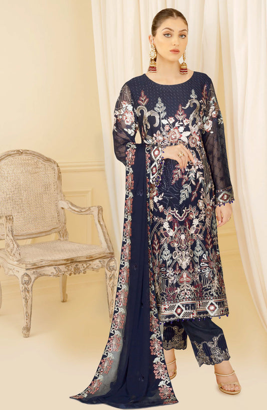 Nayab by Ramsha Luxury Embroidered Chiffon Unstitched 3 Piece Suit - N-402 - RM26NYB - Blue - Festive Collection