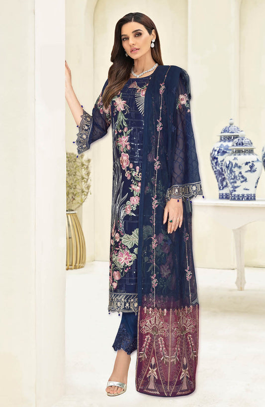 Nayab by Ramsha Embroidered Chiffon Unstitched 3 Piece Suit - N-312 - RM25CHW - Blue - Festive Collection