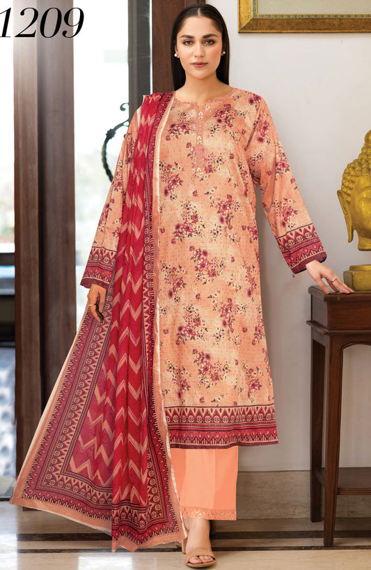 Nazneen by Johra Printed Lawn Unstitched 3 Piece Suit - JH-1209 - JH25NZN - Peach - Casual Collection