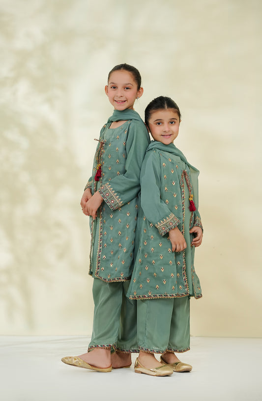 Nea & Mea ki Dosti by Amna Khadija Embroidered Chiffon Stitched 3 Piece Suit - AKNM-04 - AM26NEM - Green - Summer Collection