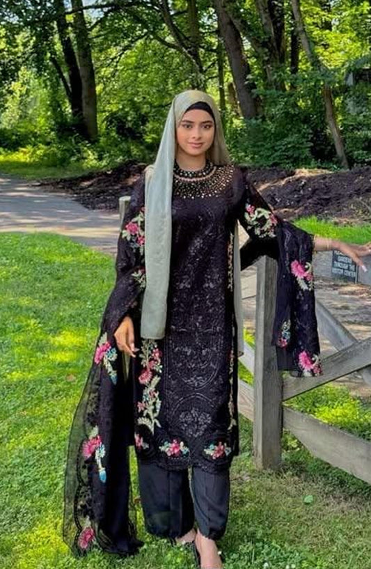 La Fleur by Amna Khadija Embroidered Chiffon Stitched 3 Piece Suit - MB ED 01 - Black - Formal Collection