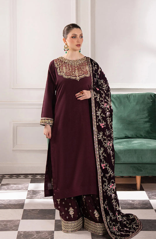 Noirah by Al Karim Embroidered Korean Silk Unstitched 3 Piece Suit - NV-005 - AK26NOI - Maroon - Winter Collection