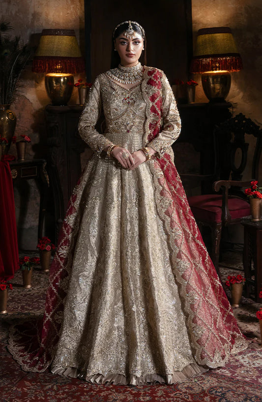 Noor-e-Naaz by Imrozia Luxury Embroidered Masoori Unstitched 3 Piece Suit - IB-53 SHAHKAR - IMP25NRN - Skin Gold - Bridal Collection