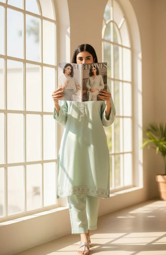 Noor-e-Rang by Ayla Embroidered Lawn Stitched 2 Piece Suit - Hareem - AY25NRG - Pastel Green - Summer Collection