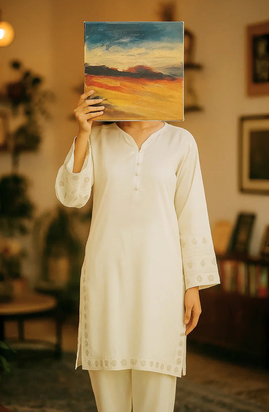 Noor-e-Rang by Ayla Embroidered Lawn Stitched 2 Piece Suit - CHANDNI - AY25NRG - Ivory White - Summer Collection