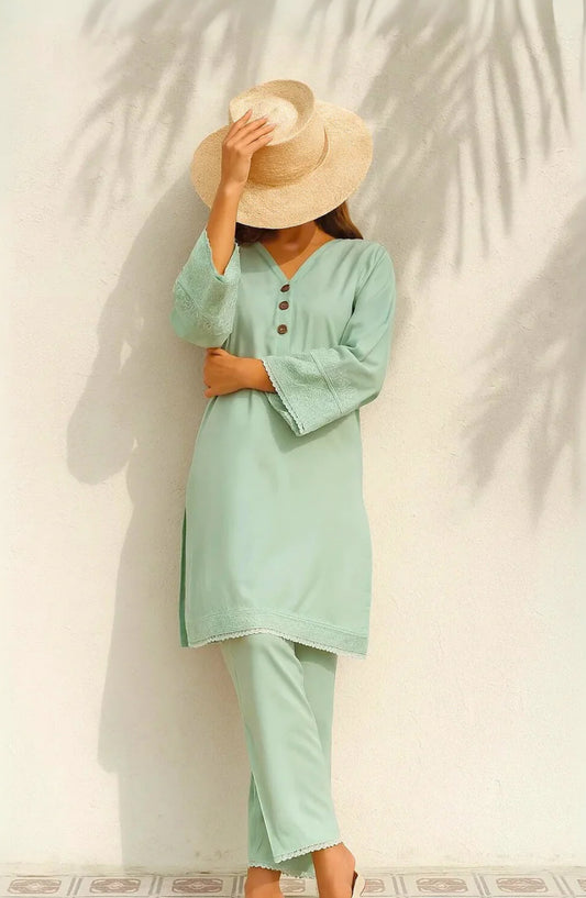 Noor-e-Rang by Ayla Embroidered Lawn Stitched 2 Piece Suit - SABZ-SITARA - AY25NRG - Green - Summer Collection