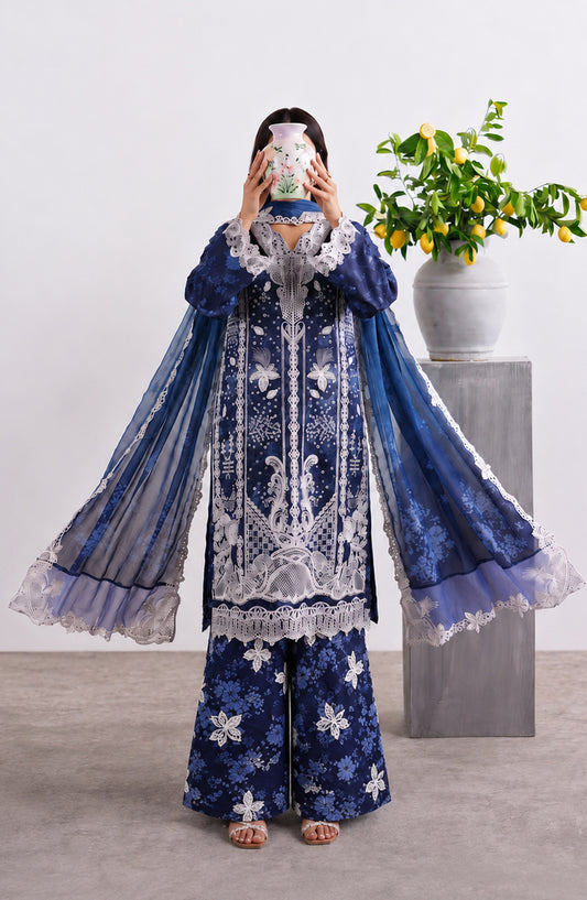 Noora by Amna Khadija Embroidered Cambric Stitched 3 Piece Suit - AKPN-01 - AM26ORA - Blue - Summer Collection