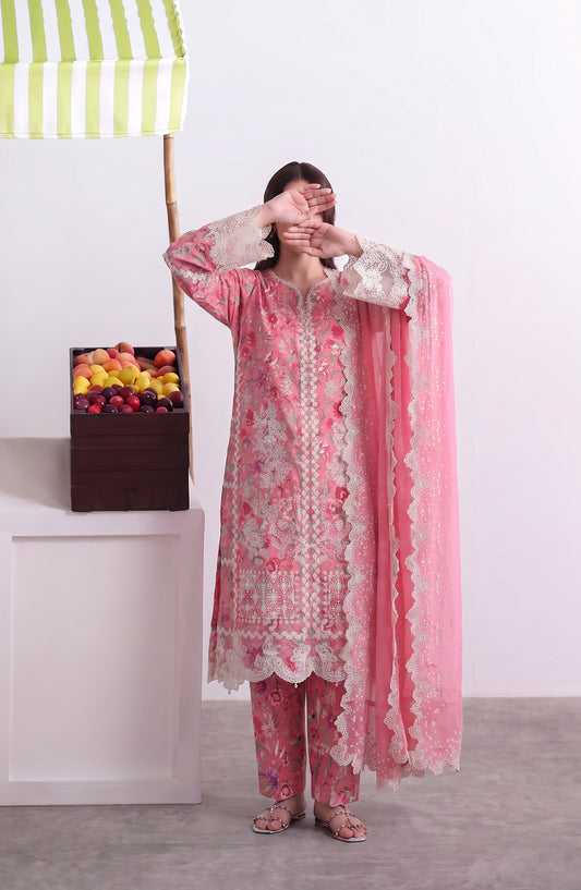 Noora by Amna Khadija Embroidered Cambric Stitched 3 Piece Suit - AKPN-08 - AM26ORA - Pink - Summer Collection