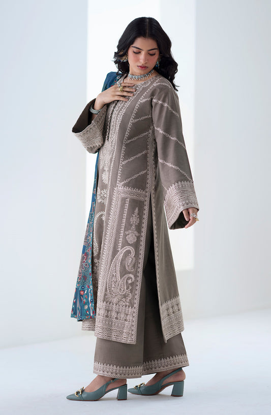 Noore by Freesia Embroidered Khaddar Unstitched 3 Piece Suit - ANGEZA - FSU5679 - FS25NRE - Taupe - Winter Collection