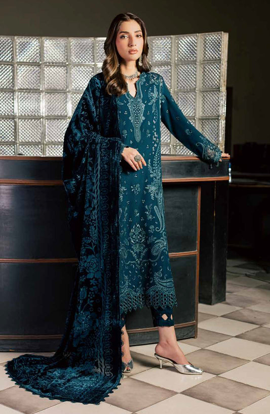 Nureh Exclusive Embroidered Leather Peach Unstitched 3 Piece Suit - NE-282 - NL26XL - Blue - Winter Collection