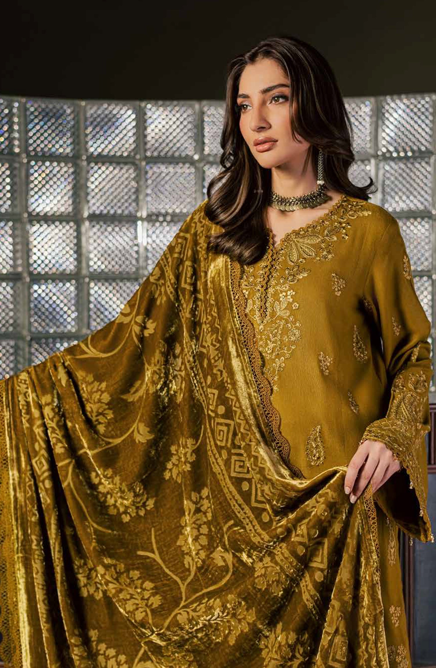 Nureh Exclusive Embroidered Leather Peach Unstitched 3 Piece Suit - NE-283 - NL26XL - Dhani - Winter Collection