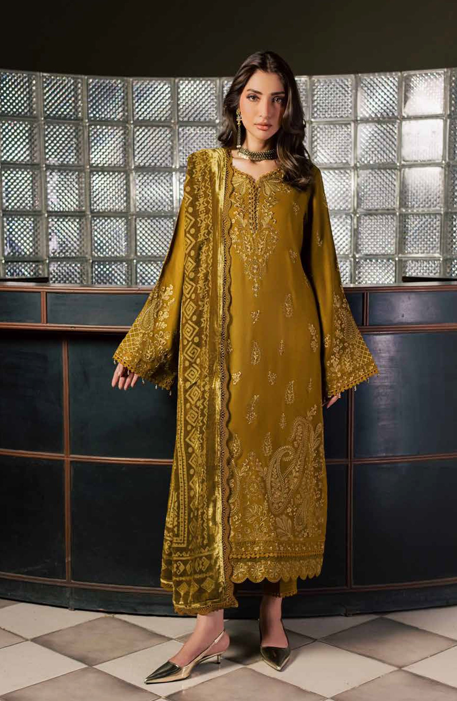 Nureh Exclusive Embroidered Leather Peach Unstitched 3 Piece Suit - NE-283 - NL26XL - Dhani - Winter Collection