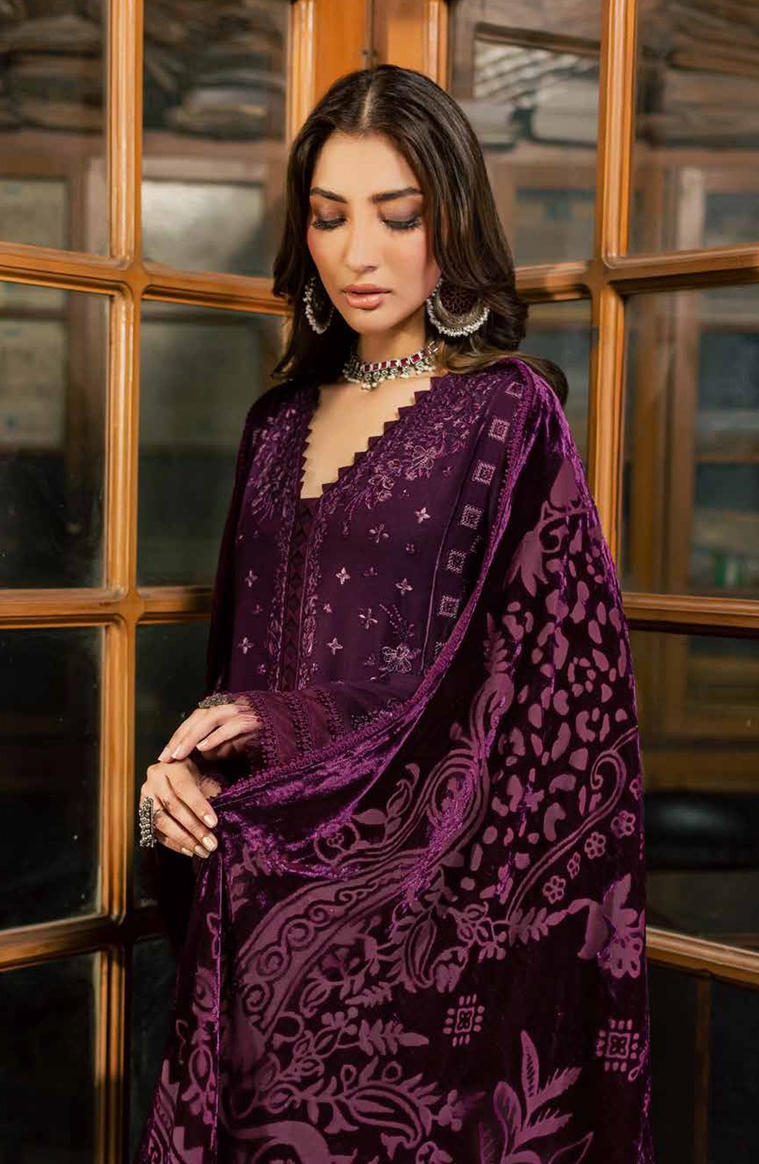 Nureh Exclusive Embroidered Leather Peach Unstitched 3 Piece Suit - NE-284 - NL26XL - Purple - Winter Collection