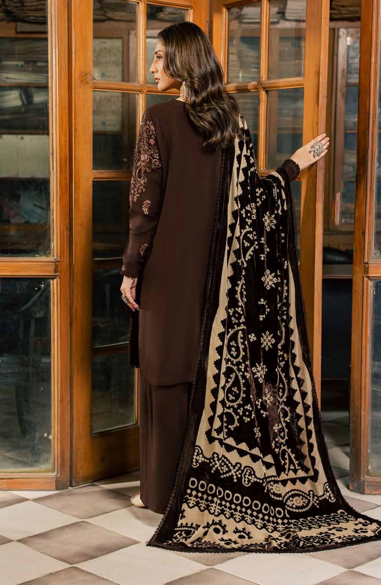 Nureh Exclusive Embroidered Leather Peach Unstitched 3 Piece Suit - NE-285 - NL26XL - Brown - Winter Collection