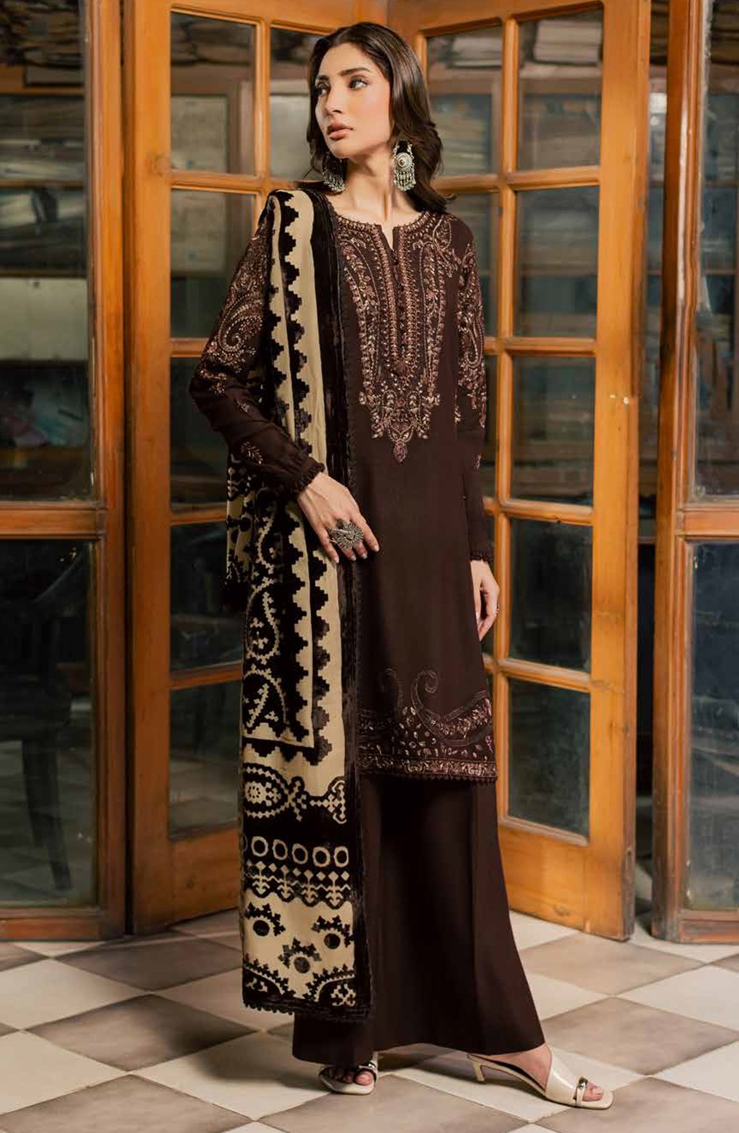 Nureh Exclusive Embroidered Leather Peach Unstitched 3 Piece Suit - NE-285 - NL26XL - Brown - Winter Collection