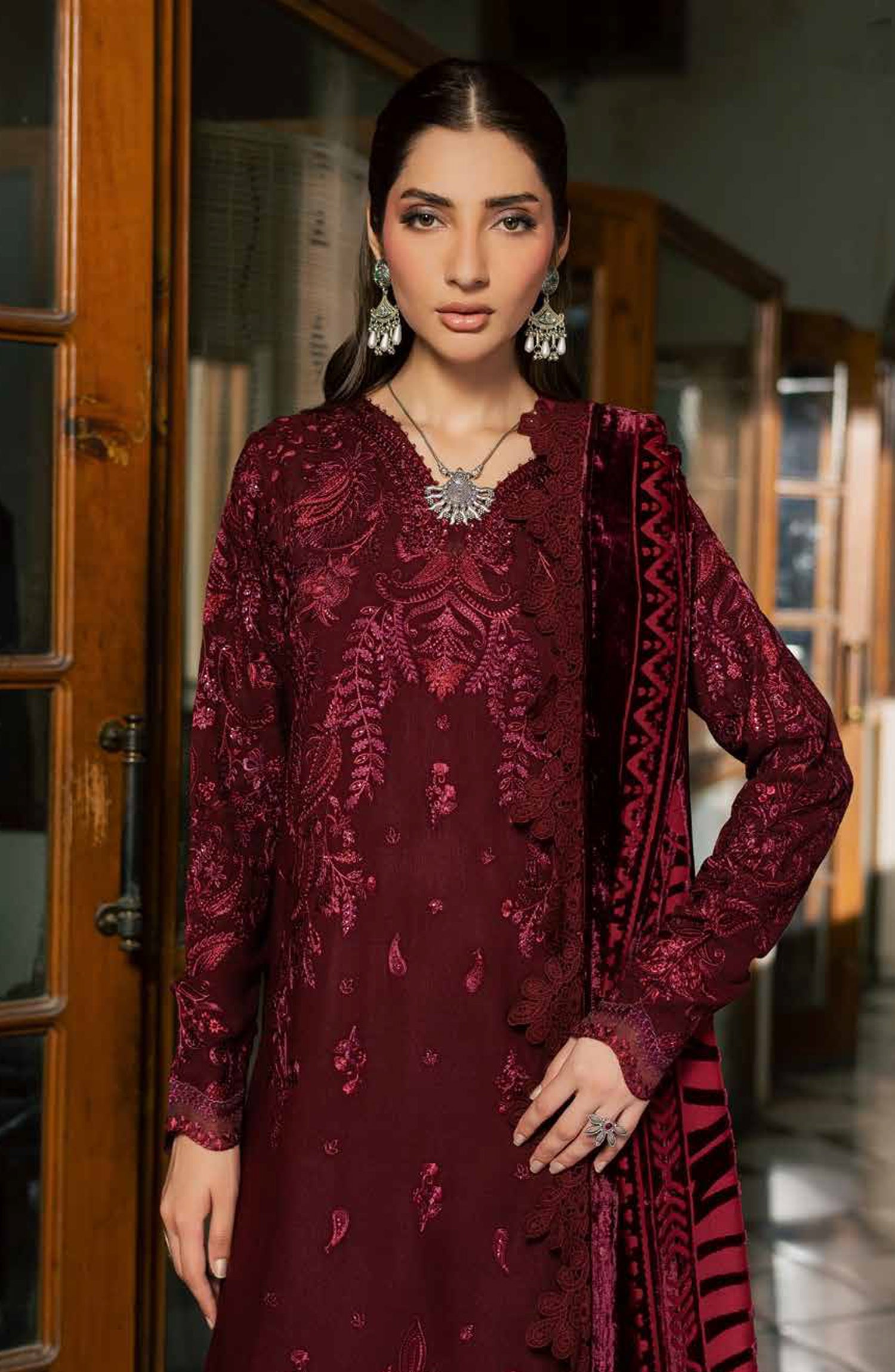 Nureh Exclusive Embroidered Leather Peach Unstitched 3 Piece Suit - NE-286 - NL26XL - Maroon - Winter Collection