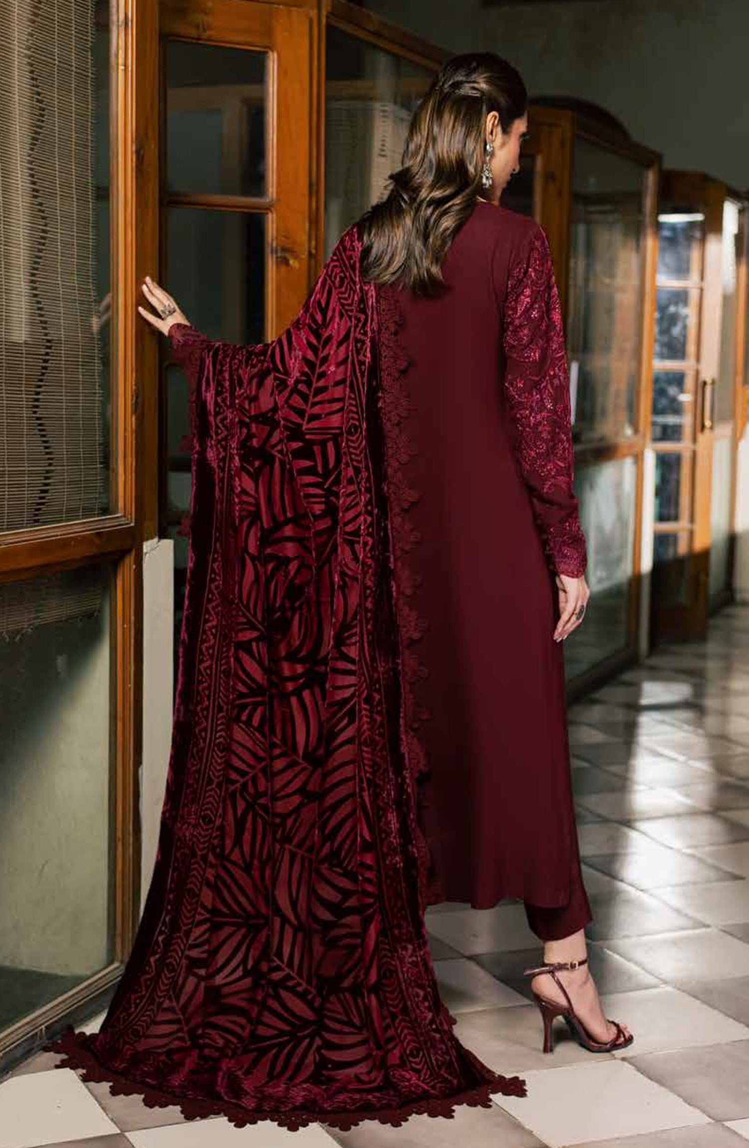 Nureh Exclusive Embroidered Leather Peach Unstitched 3 Piece Suit - NE-286 - NL26XL - Maroon - Winter Collection