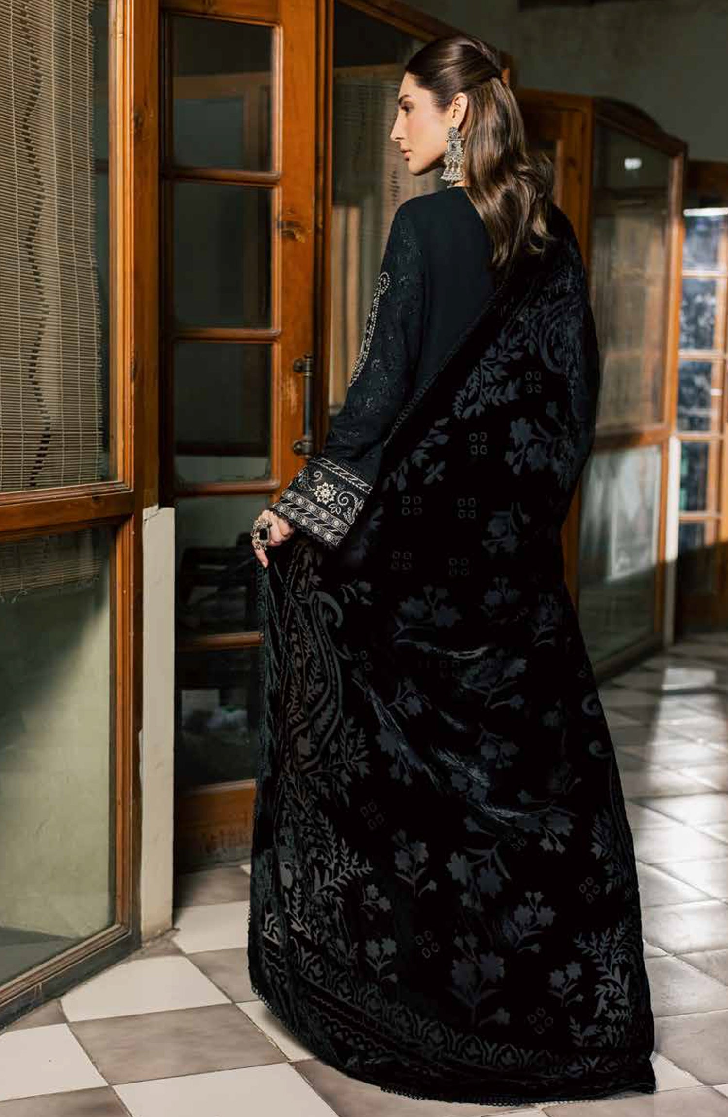 Nureh Exclusive Embroidered Leather Peach Unstitched 3 Piece Suit - NE-287 - NL26XL - Black - Winter Collection