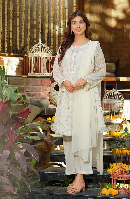 Chiffon Embroidered 3 Pc Suit OCH26FR SOF-09-S White