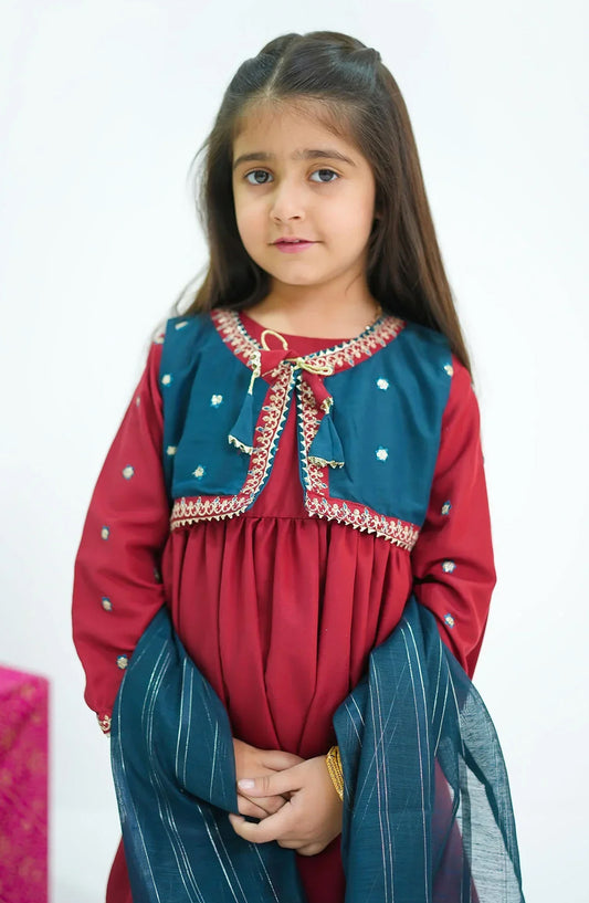 Ochre Embroidered Raw Silk Stitched 3 Piece Suit - INSHD-12 - OCH25VEL - Red - Girls Festive Collection