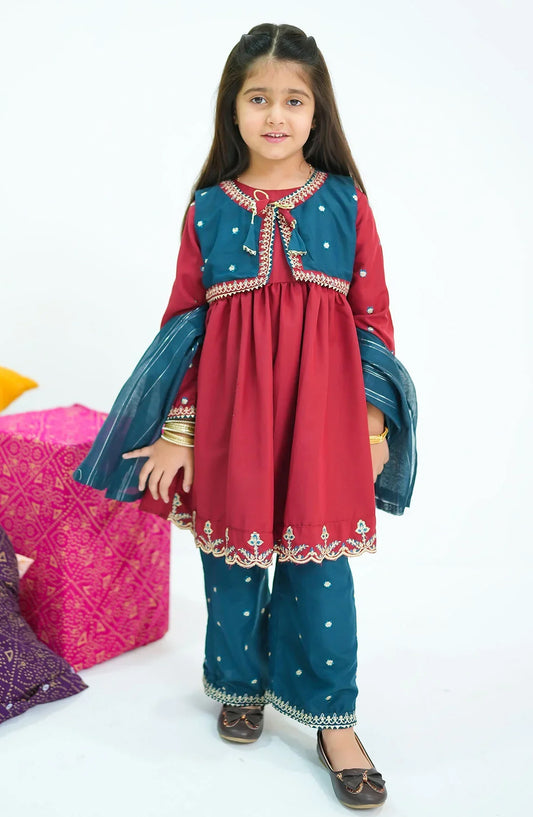 Ochre Embroidered Raw Silk Stitched 3 Piece Suit - INSHD-12 - OCH25VEL - Red - Girls Festive Collection