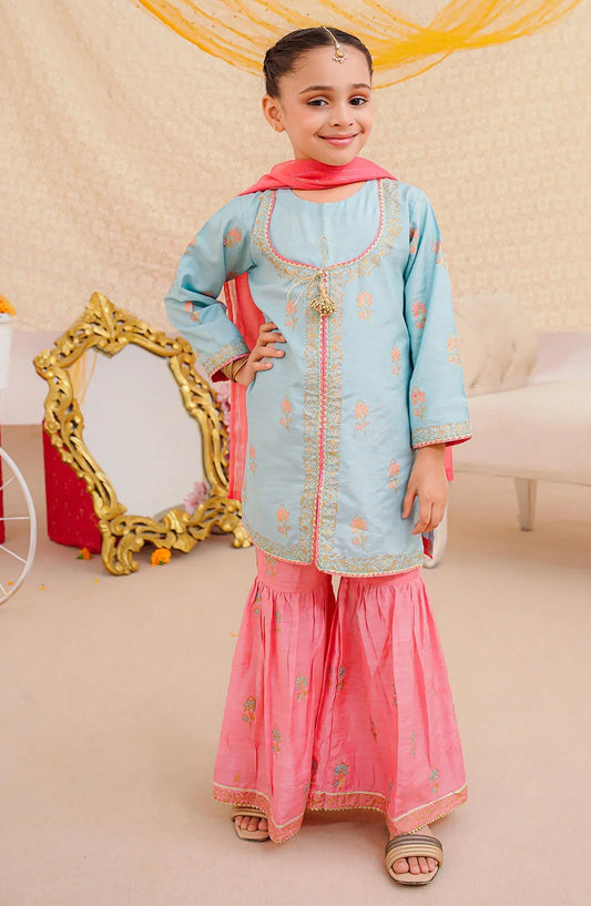 Ochre Printed Cotton Silk Stitched 3 Piece Suit - INSHD-11 - OCH25VEL - Ice Blue - Girls Festive Collection