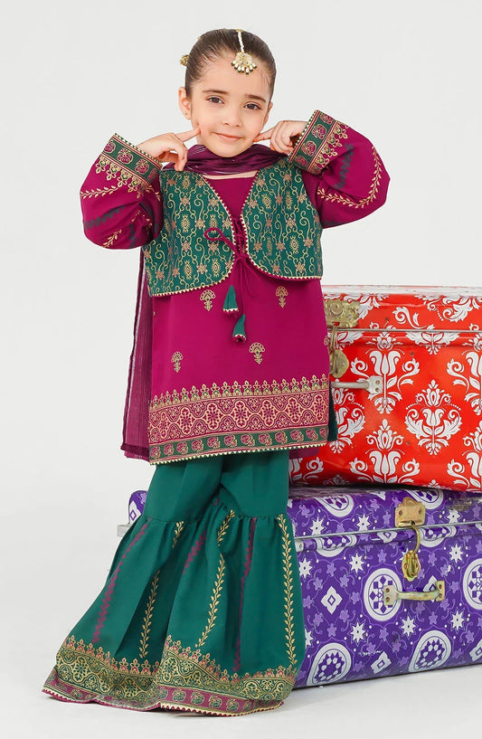 Ochre Printed Raw Silk Stitched 3 Piece Suit - INMHD-09 - OCH25VEL - Green - Girls Festive Collection