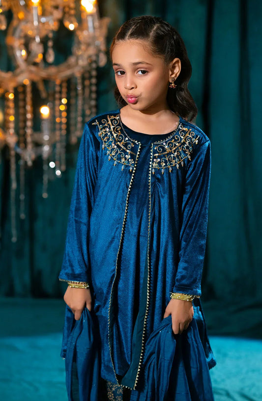 Ochre Embroidered Velvet Stitched 3 Piece Suit - INOVF-03 - OCH25VEL - Blue - Girls Festive Collection
