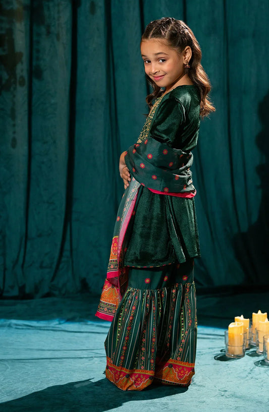 Ochre Embroidered Velvet Stitched 3 Piece Suit - INOVF-02 - OCH25VEL - Green - Girls Festive Collection