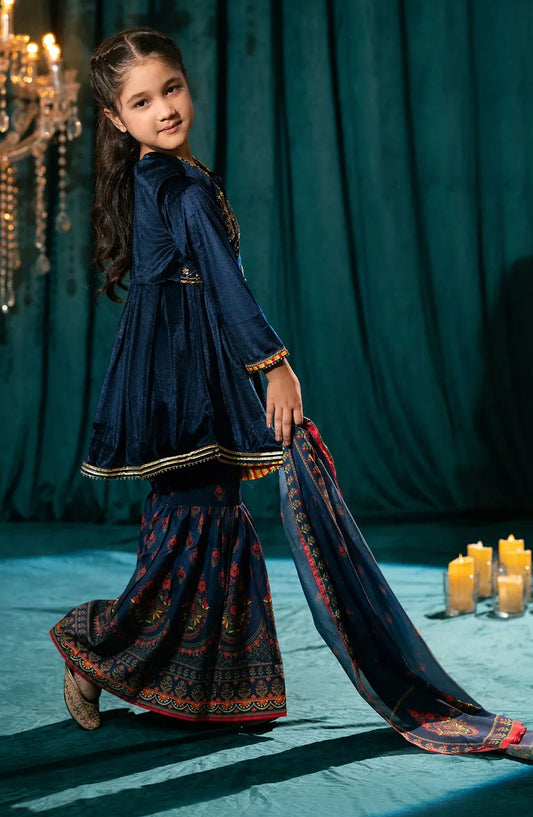 Ochre Embroidered Velvet Stitched 3 Piece Suit - INOVF-01 - OCH25VEL - Blue - Girls Festive Collection