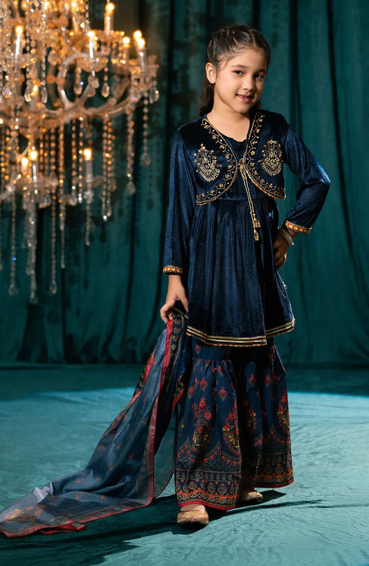 Ochre Embroidered Velvet Stitched 3 Piece Suit - INOVF-01 - OCH25VEL - Blue - Girls Festive Collection