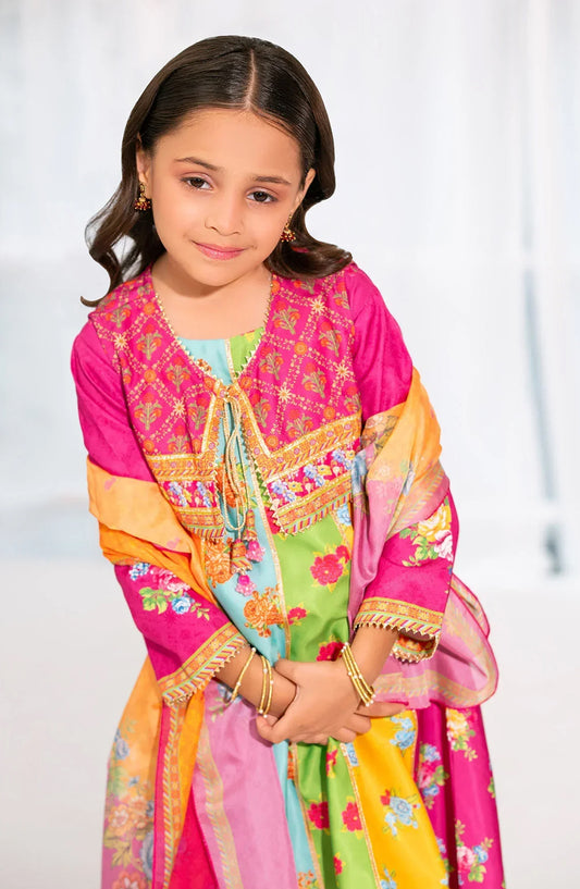 Ochre Digital Printed Herringbone Stitched 3 Piece Suit - INDP-43 - OCH25VEL - Pink - Girls Festive Collection