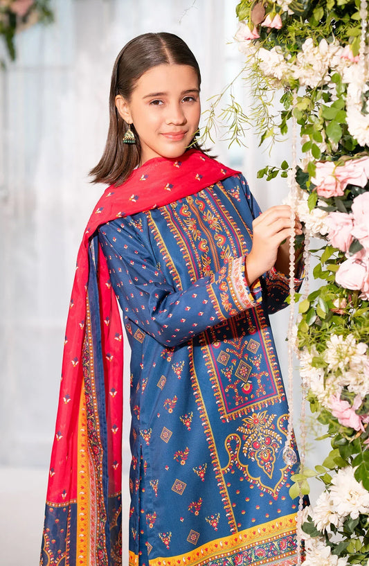 Ochre Digital Printed Herringbone Stitched 3 Piece Suit - CORF-40 - OCH25VEL - Blue - Girls Festive Collection