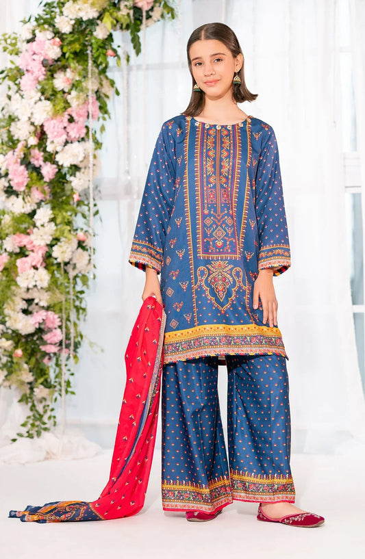 Ochre Digital Printed Herringbone Stitched 3 Piece Suit - CORF-40 - OCH25VEL - Blue - Girls Festive Collection