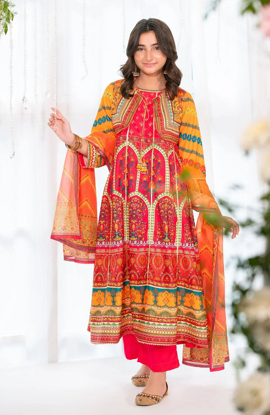 Ochre Digital Printed Herringbone Stitched 3 Piece Suit - CORF-39 - OCH25VEL - Red - Girls Festive Collection