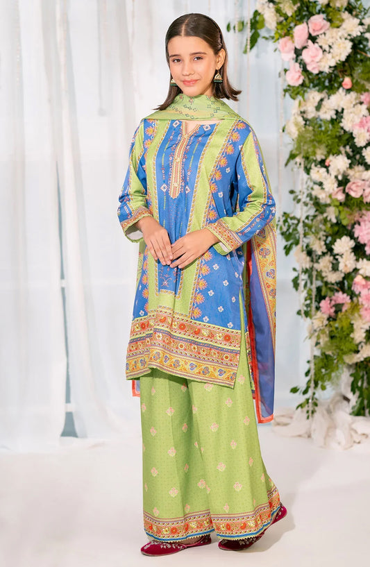 Ochre Digital Printed Herringbone Stitched 3 Piece Suit - CORF-37 - OCH25VEL - Green - Girls Festive Collection