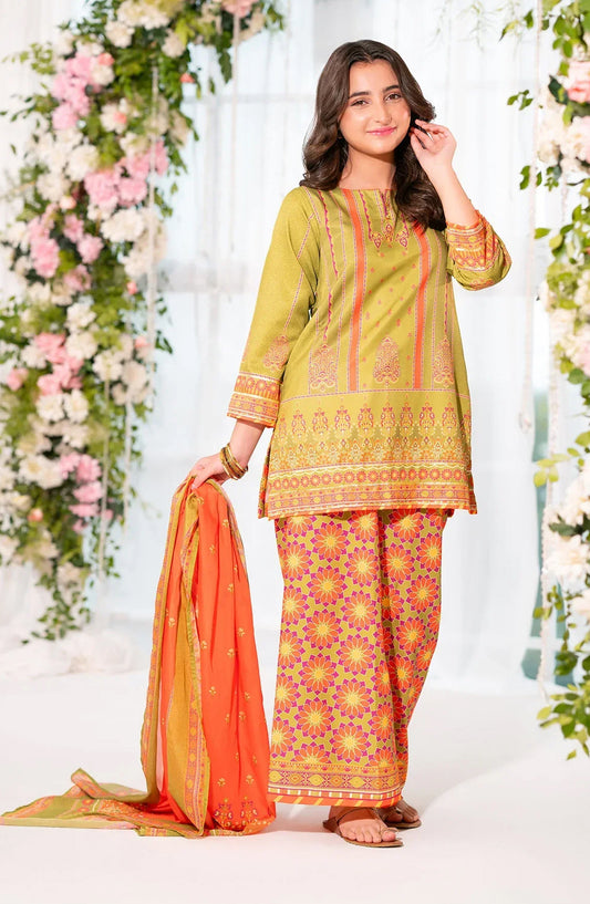 Ochre Digital Printed Herringbone Stitched 3 Piece Suit - CORF-36 - OCH25VEL - Yellow - Girls Festive Collection